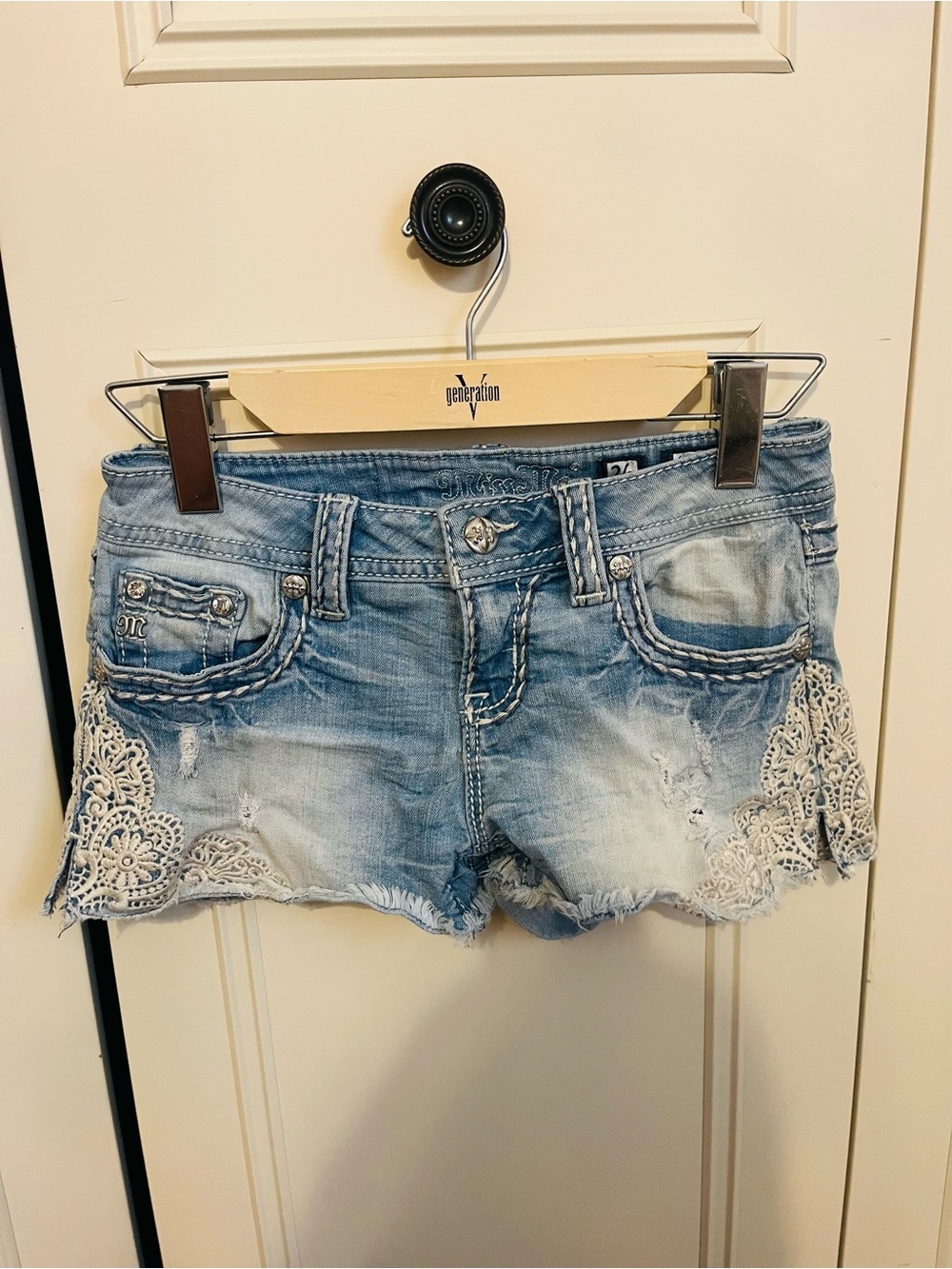 Miss Me Light Wash Denim Shorts with Cream Lace Trim